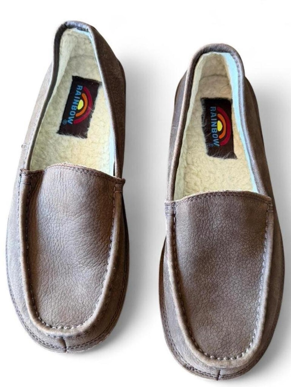 Rainbow Men’s Brown Faux-Leather Slip-On Moccasins with Cream Fleece Lining